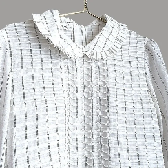 Vintage Simon Chang Box Pleat Peter Pan Collar Faux Pearl Button Down Blouse - Picture 2 of 7